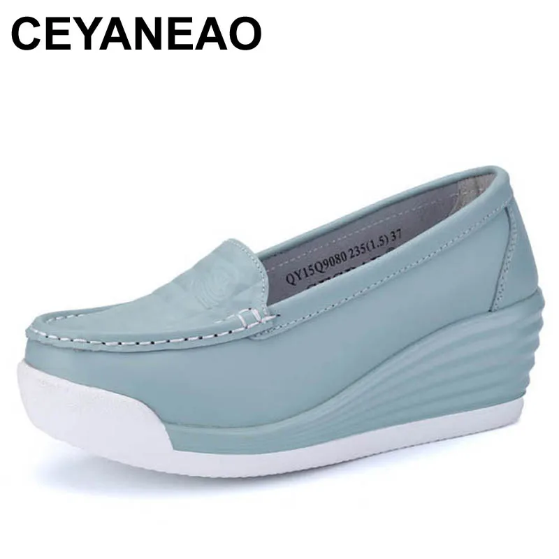 

CEYANEAO Genuine Leather Platform Wedges Shoes Ladies ShallowMouth Slip-on HighHeels WedgeShoes Fashion Cow Leather Mother Shoes