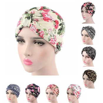 

Pleated Stretchable Cotton Leopard Streetwear Turban Hat Head Cover Sun Cap high quality Fashion radiant look women's cap