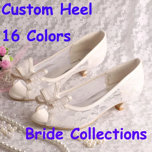 Custom Handmade Big Bow Low Heels Lace Wedding Shoes Bridal Open Toe