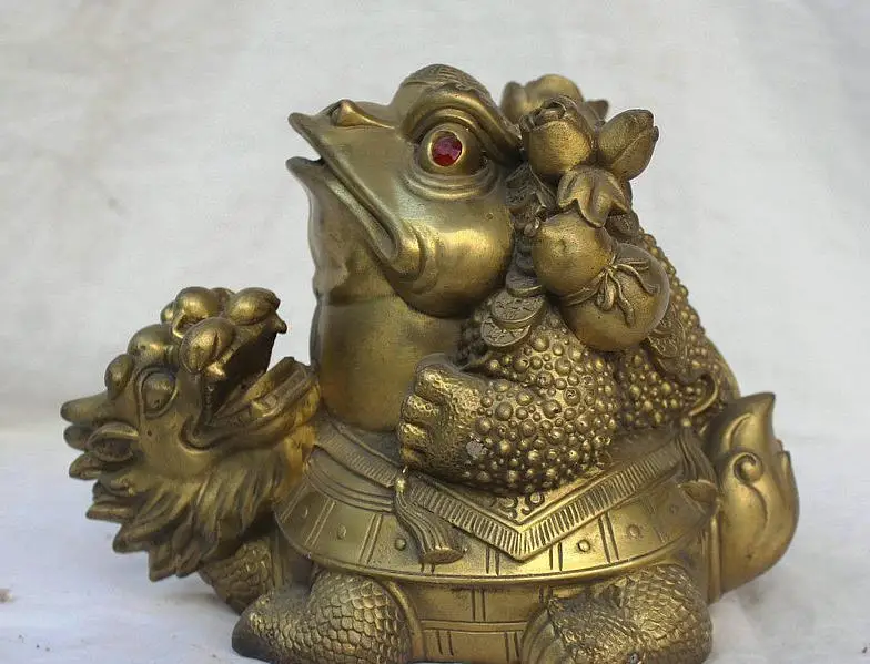 

671115448++++10" Chinese Brass Golden Toad Spittor Ride Dragon Turtle Tortoise Wealth Statue
