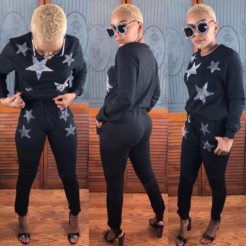 

2018 autumn women's casual sports stars hot drilling two-piece suit neutral style climbing exercise set black fashion clotjing