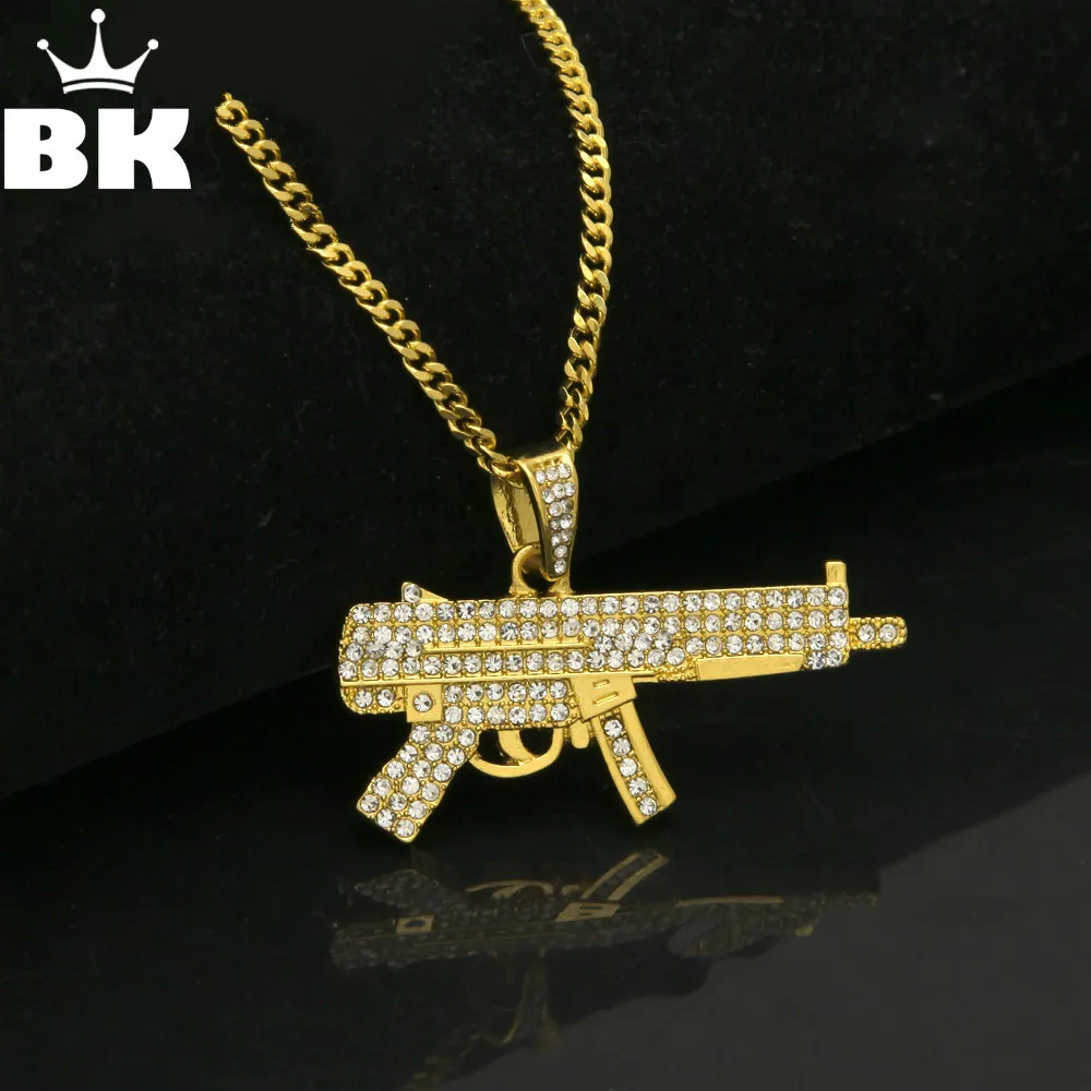 Gold Silver Color Bling Pistol Submachine Gun Pendant Necklace Hip Hop