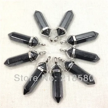 

H-RQP16 Hematite Stone Hexagon Point Pendant Cryatal Pillar with Silver Bail Approx 40mmx10mm