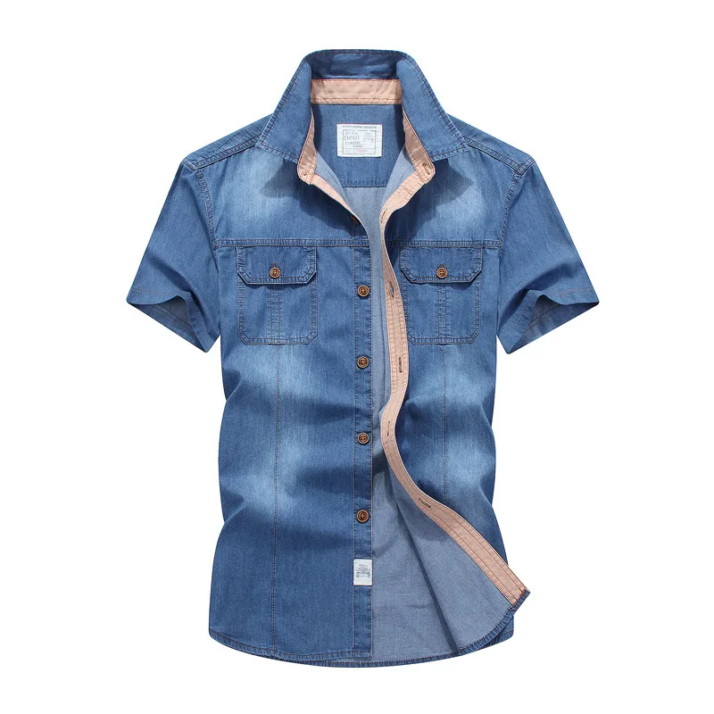 

AFS JEEP Brand shirt Plus Size 4XL Summer Men's Cotton Denim Shirts Short Sleeve Casual Dress shirt Man chemise homme 2829