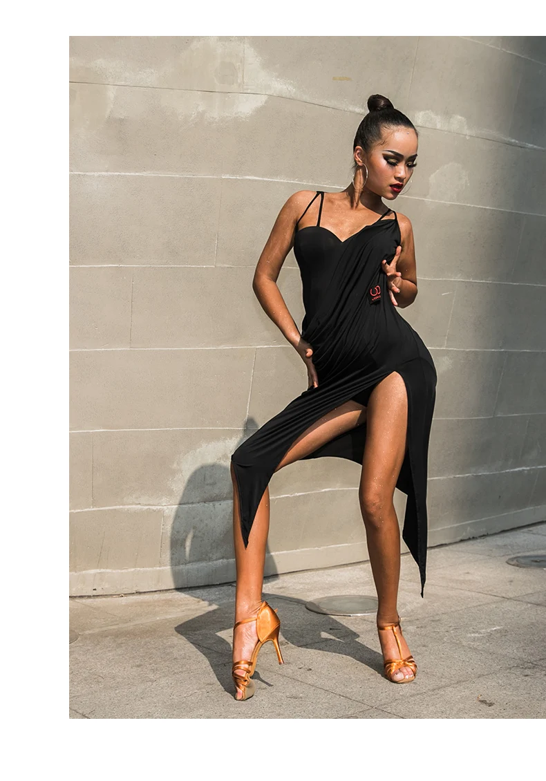 Платье для латинских танцев, женское черное платье на бретельках, сексуальное платье с открытой спиной и неровным разрезом, для взрослых, сальса, Самба, ча-ча, одежда для соревнований, DN3985