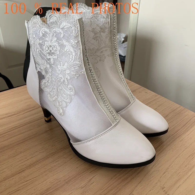 ORCHA LISA/милые женские летние ботинки из прозрачного сетчатого материала ботильоны с цветочным принтом на высоком каблуке 7 см вечерние офисные туфли Botas mujer pluz, размер 42