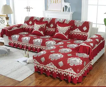 

Fyjafon 1 Piece Sofa Cover For Living Room Jacquard Chenille Lace Sofa Covers Anti-slip Sofa Towel Europe Style Red 18cm Edge