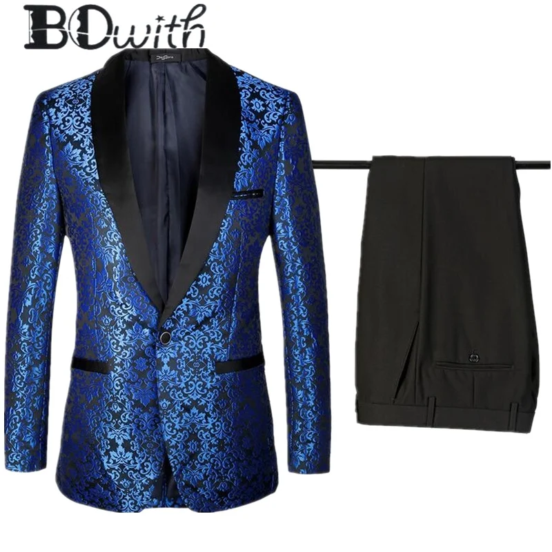 

Embroidered Royal Blue Wedding Men Suit Shawl Collar Slim Fit 2 Pieces Jacket+Pants For Wedding Groom Tuxedos Formal Suits