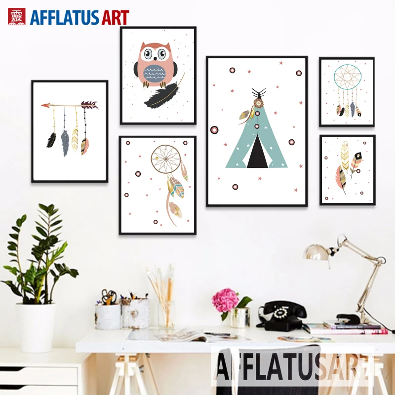 

AFFLATUS Modern Cartoon Bird House Feather Canvas Painting Indian Art Print Poster Wall Pictures Kids Room Decoration Painting