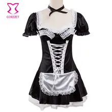 S-6XL Black Satin And White Lace Fancy Mini French Maid Dress Cosplay Sexy Maid Costume Plus Size Halloween Costumes for Women women s fashionable sexy maid style cosplay sleep dress set black white