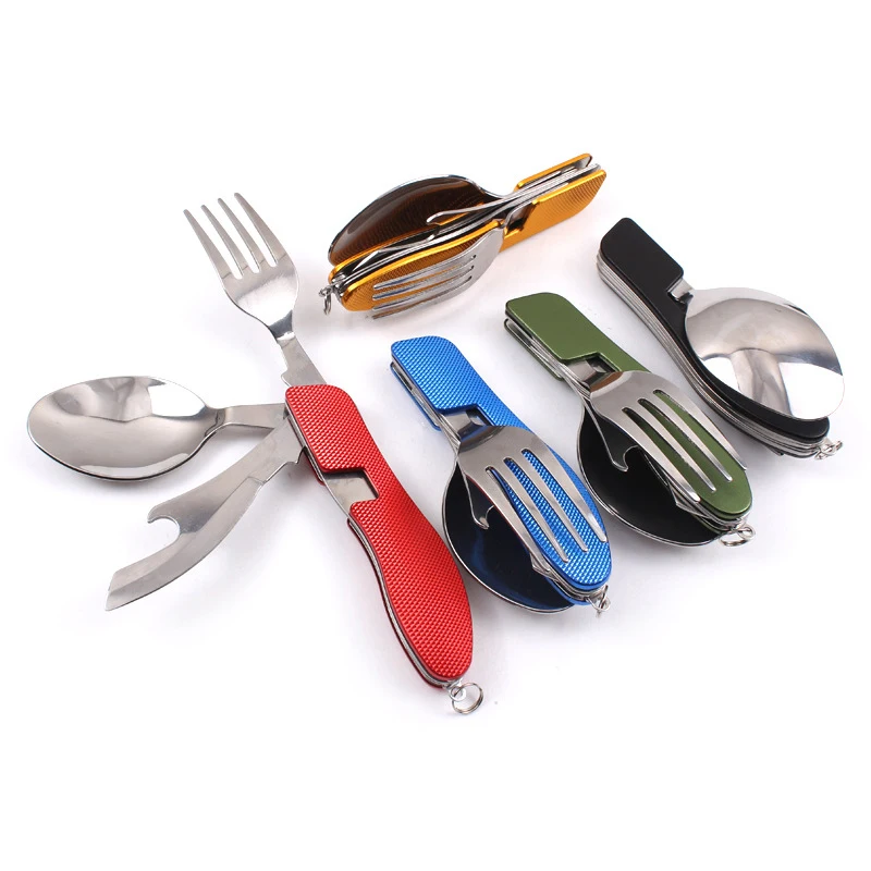 Multifunción Picnic vajilla de acero inoxidable portátil al aire libre Camping 4 en 1 cuchara plegable cuchillo de tenedor y abrebotellas comedor conjunto