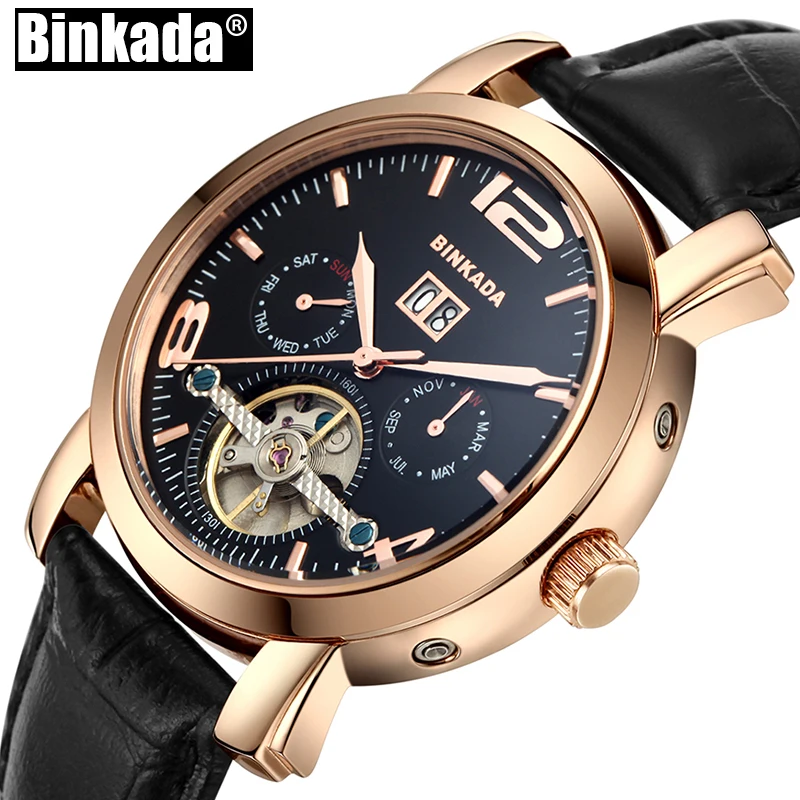 

New BINKADA Tourbillon Watches Mechanical Multifunction Men Steel Waterproof Luxury Skelelton Automatic Watch men montre homme