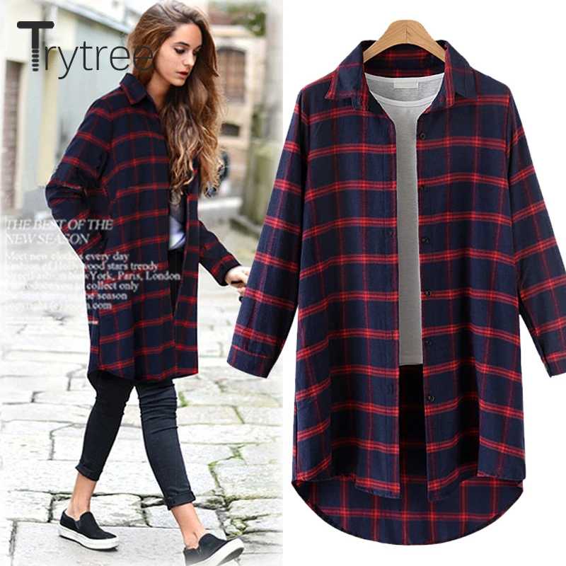 

Trytree Spring Autumn Women Cotton Blouse Casual shirt Turn-down Collar Two Colours Plaid Long Top clothes Casual Fashion Shirts
