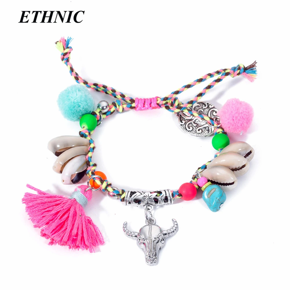 

Vintage Handmade Shell Animal Head Tassels Pompom String Chain Charm Bracelets for Women Fashion A Bracelet