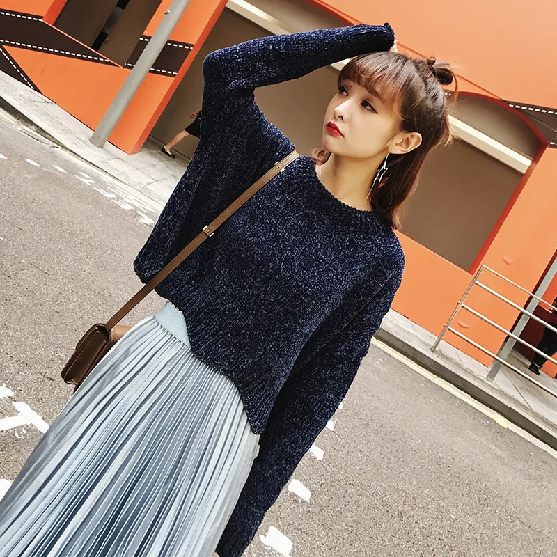 

4 Colors Winter Velour Wave O-neck Knitted Sweater Women Soft Warmth Short Pullovers Femme Knitwear 2018 Femininas High Quality