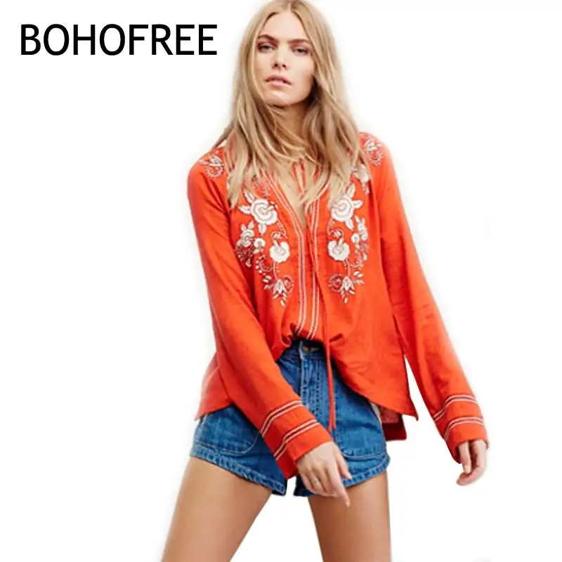 Женская винтажная блузка BOHOFREE с цветочной вышивкой треугольным вырезом