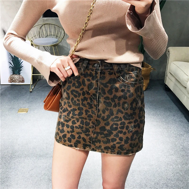 High Waist Women Leopard Printed Casual Burr Hemline Design Slim A Line