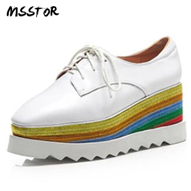 

MSSTOR Cross-tied Women Platform Shoes Square Toe Mixed Colors Genuine Leather Woman Shoes 2018 Spring Fashion Flats Shoes Women