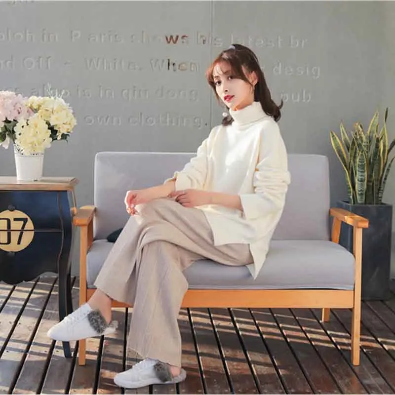 

Autumn Winter Women Pullovers Sweater Knitted Elasticity Casual Jumper Fashion Loose Split Turtleneck Warm Female Sweaters