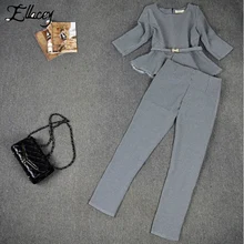 New 2017 Spring Autumn Fashion Women’s Business Pants Suits Houndstooth Checker Pattern Ruffles Suits For Women 2 Pieces Set
