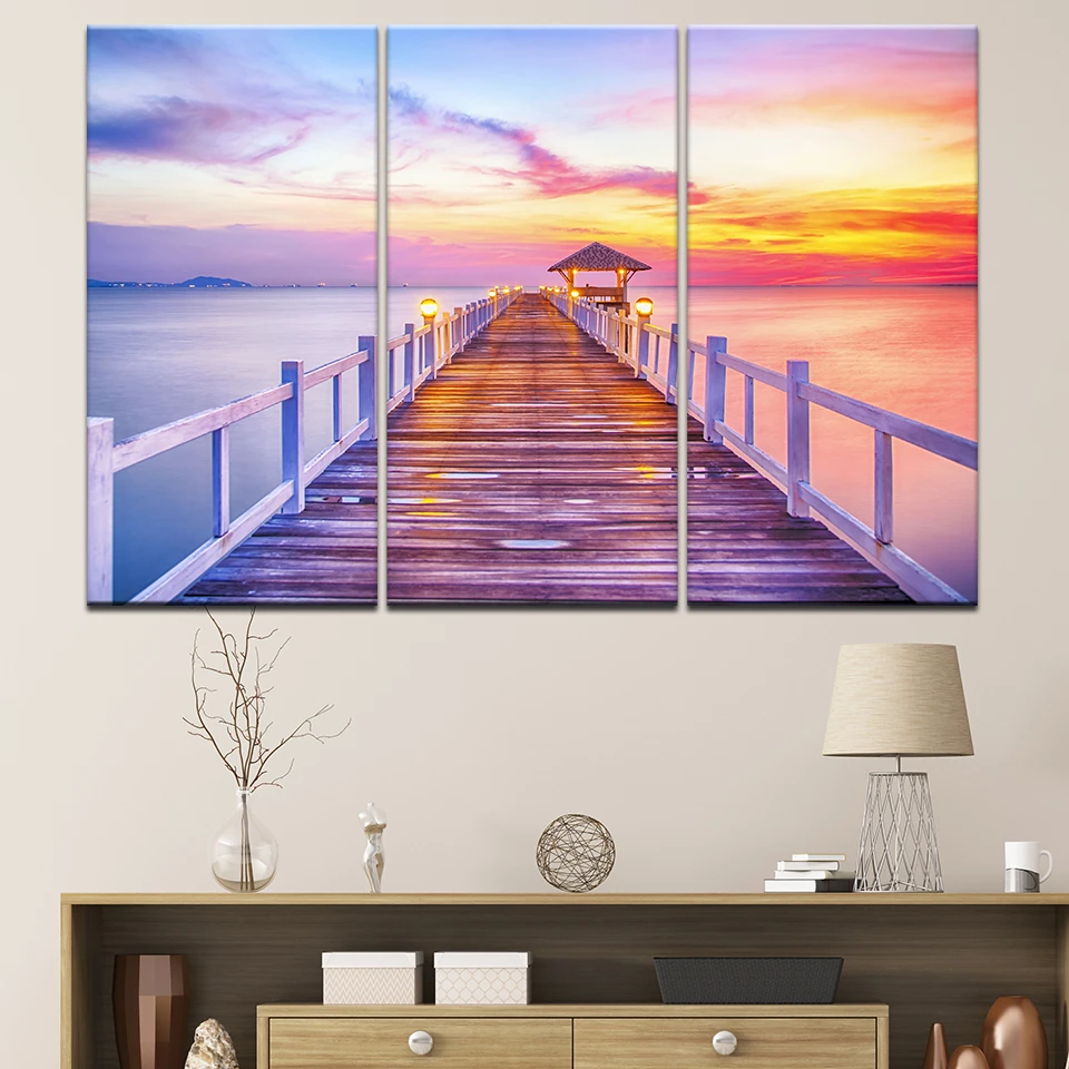 キャンバス絵画の風景画の橋の近くの海の夕日3個の壁アート絵画モジュラー花のポスター印刷家の装飾 絵画 書道 Aliexpress