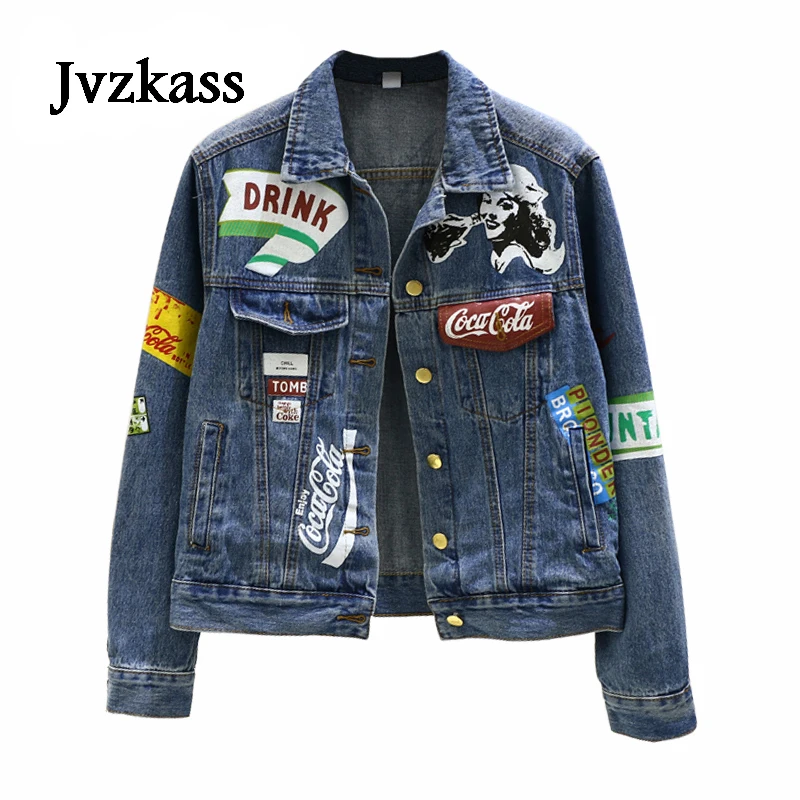 

Jvzkass 2019 new Denim jacket female 2019 spring new Monroe printing graffiti retro jacket tide Z117