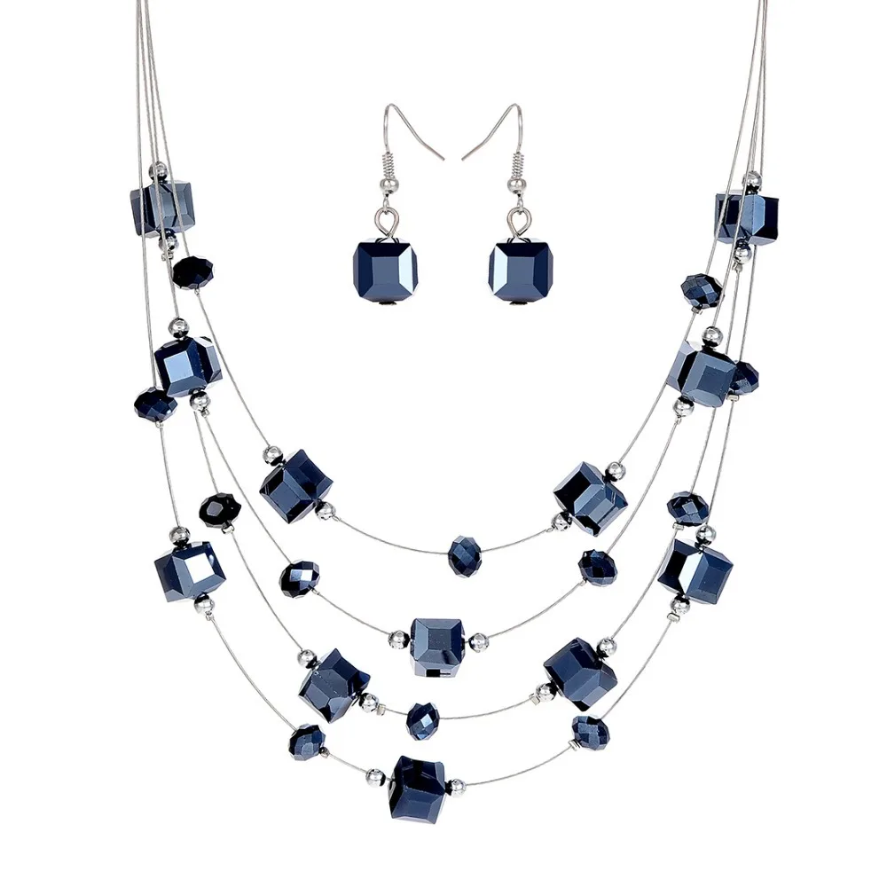 

MINHIN Women Bohemia Black Beads Jewelry Set Multilayers Necklace Earrings 2 Pcs Jewelry Sets Ladies Charm Wedding Sets