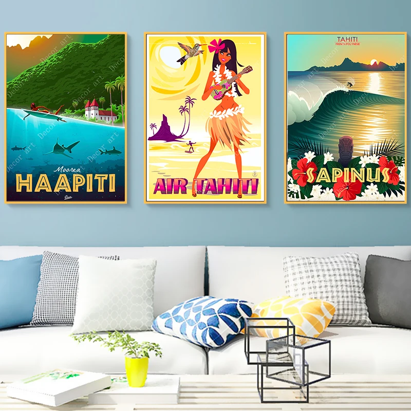 

Surfing at Polynesia Tahiti Summer Holiday Canvas Painting Vintage Pictures Kraft Posters Coated Wall Stickers Home Decor Gift