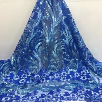 

French Net Tulle Sequins Lace Fabric High Quality Nigerian Sequin Sequence Lace Fabrics Blue African Sequins Lace Fabric 2018