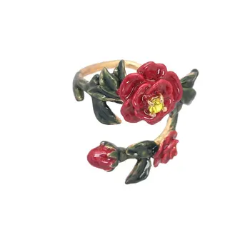 

European American fashion hand painted enamel glaze red flower inlay zircon stone open adjustable women finger ring cute trendy