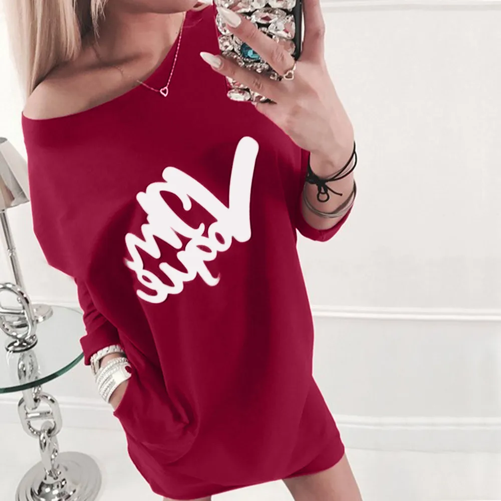 

Women Winter Print Letter Off Shoulder Long Sleeve Plus Size 2018 Autumn Colorful Hoodie Dress Sweatshirt Dress