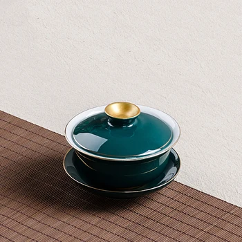 

180ml Creative Porcelain Gaiwan Green Underglaze Gold Plated Tea Bowl with Saucer Lid Kit Drinkware Office Teaware Teapot Gifts