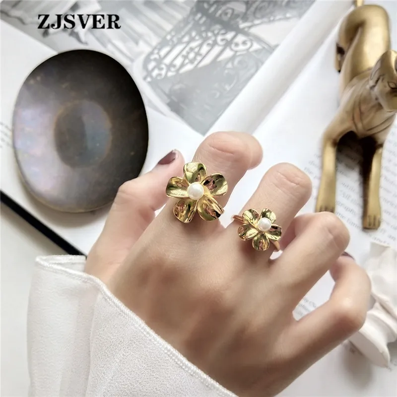 

ZJSVER Korean Jewelry 925 Sterling Silver Ring Golden Two sizes Simple Flowers Adjustable Ring For Lovers Anniversary Gift