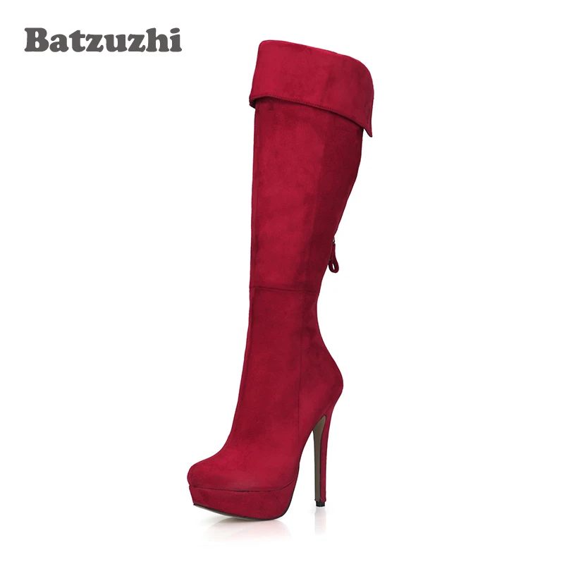 

Italian Style Fashion Women Boots Ultra 14cm High Heels 3cm Platform Red Suede Leather Women Long Boots Winter Botas