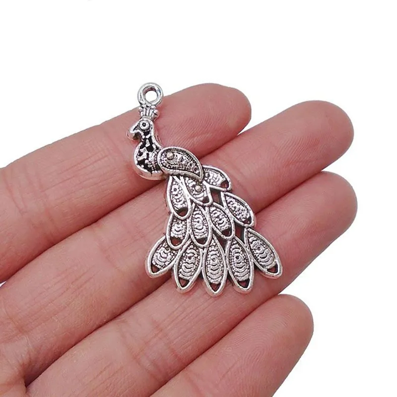 

20 x Antique Silver Peacock Charms Pendants for Necklaces Jewelry Making Findings 41x24mm