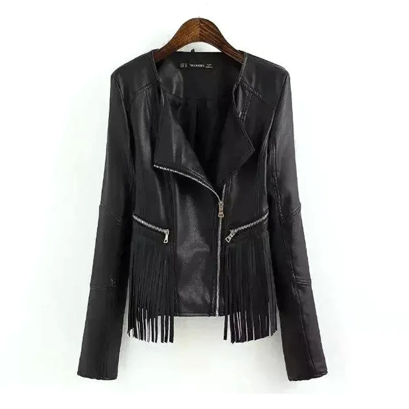 

Streetwear Women Winter PU Leather jackets Female Autumn Tassel Motorcycle Leather Coat Femme Brand jacket jaqueta de New BLACK