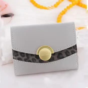 

Lady Leopard Patchwork Round Button Trifold Short Wallet Leather Coin Purse