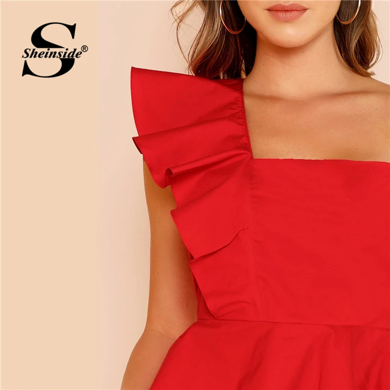 Sheinside Ruffle Trim One Shoulder Peplum Top Female Red Summer Blouse Women Shirts Slim Fit Elegan