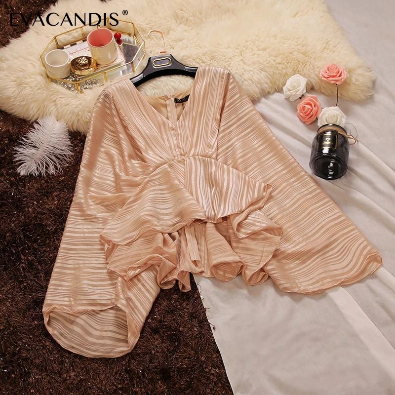

Ruffle Striped Short Women Blouse V Neck Summer Chiffon Korean Elegant Beach White Black Plus Size Sexy Women Shirt Striped Tops