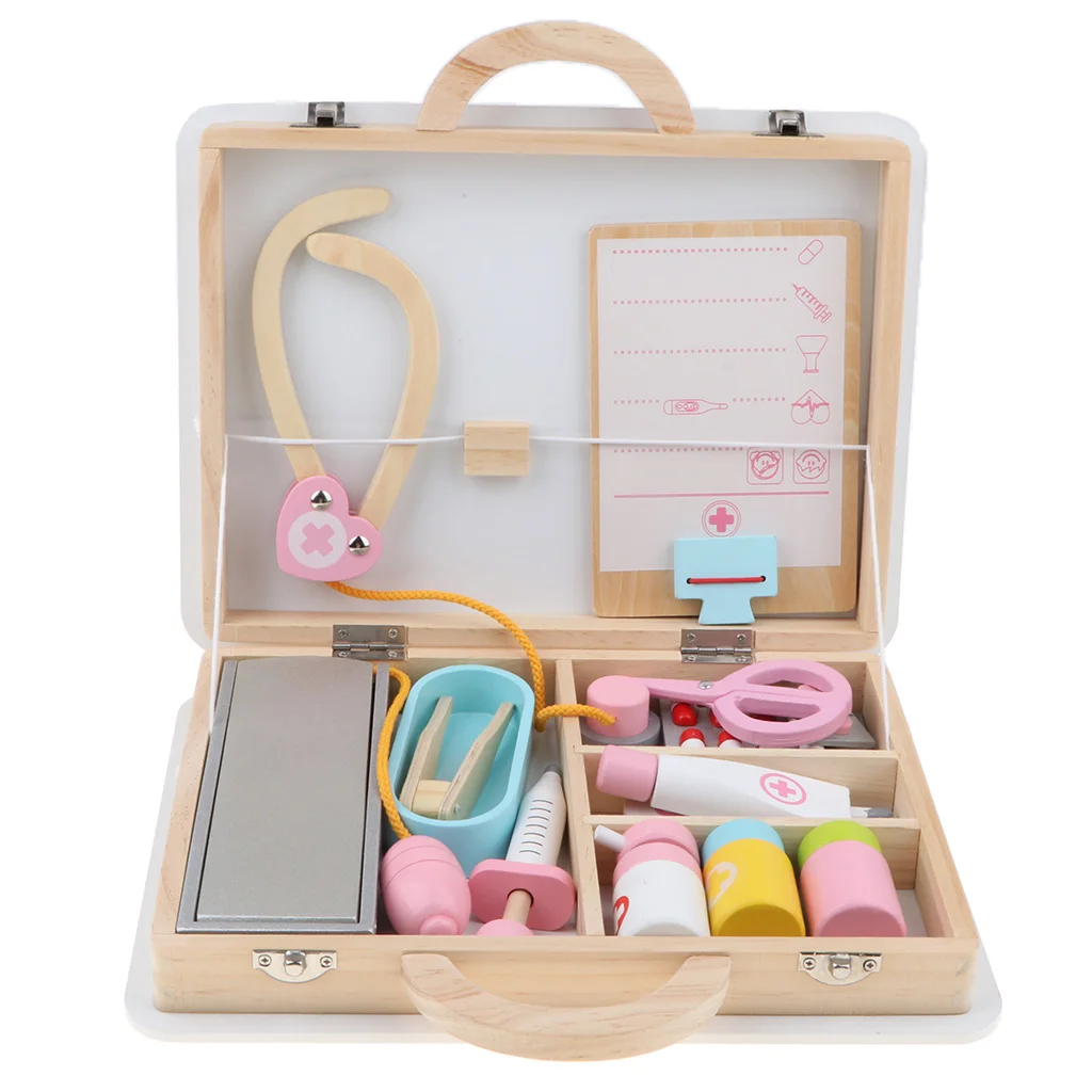 Wooden Medical Kits Toddler Role Play Doctor's Playing Set and Accessory Set (15 Pieces), with Carry Case, Pre-kindergarten Toy