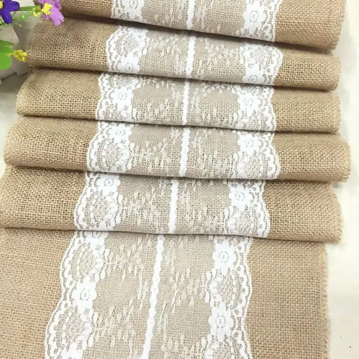 Vintage Burlap Jute Linen Table Runner Lace Cloth Dinning Room Table Gadget Home Decor Accessory E2S