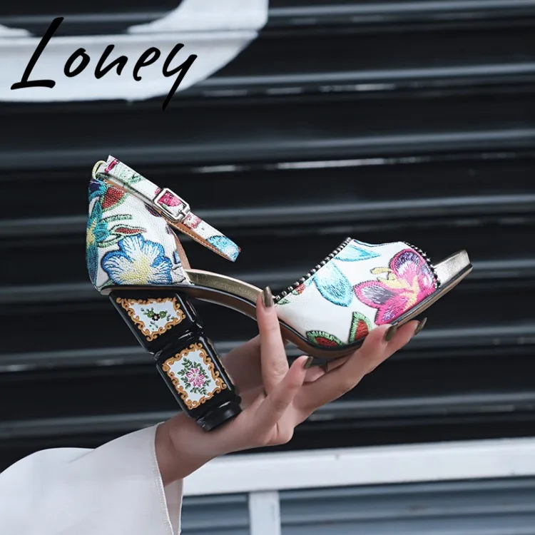 

Loney New Printed Floral Chunky Heel Summer Sandals Genuine Leather Buckle Strap High Heel Sandals Shoes Women