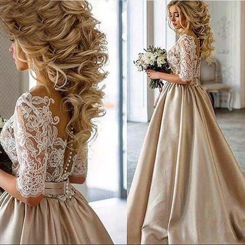 

Vintage Lace Champagne Dubai Arabic Wedding Dress 2019 Sheer Neck Half Sleeves Bridal Gowns Button Occasion Gown Party Dress