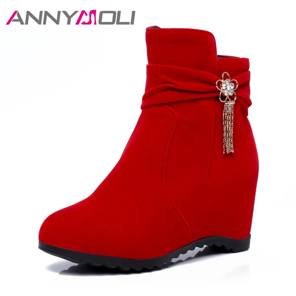 Goedkoop ANNYMOLI Laarzen Vrouwen Lente Tassel Toenemende Hoge Hak Enkellaars Kristal Wiggen Hakken Korte Laarzen Handgemaakte Schoenen 2018 Rode
