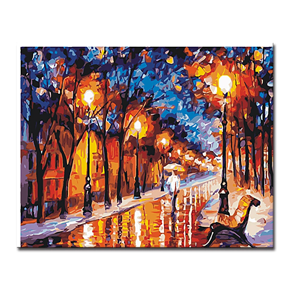 DIY Walk The Rain Night Street Oil Painting By Numbers Hand Paint On