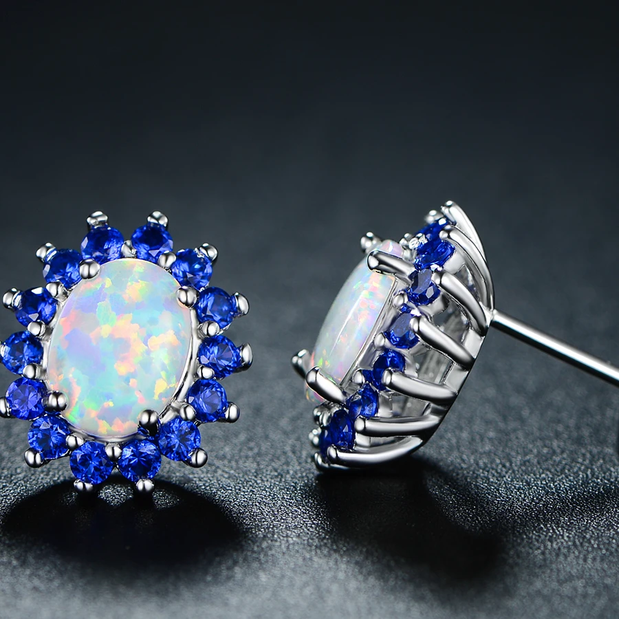 White Gold Plated White Fire Opal & Genuine Blue Spinel Flower Stud Earrings (1)