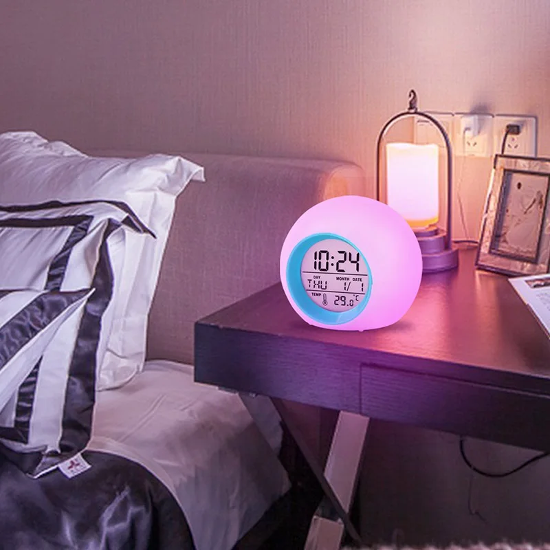 Светодиодный Будильник с 7 цветными дисплеями, круглые часы для дома, спальни, украшения для детей, электрические настольные часы