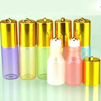 

3ml,5ml Glass Roll On bottles Colorful Empty Essential Oil Bottle Gold Lids With Rope Mini sample vials Metal Roller Ball