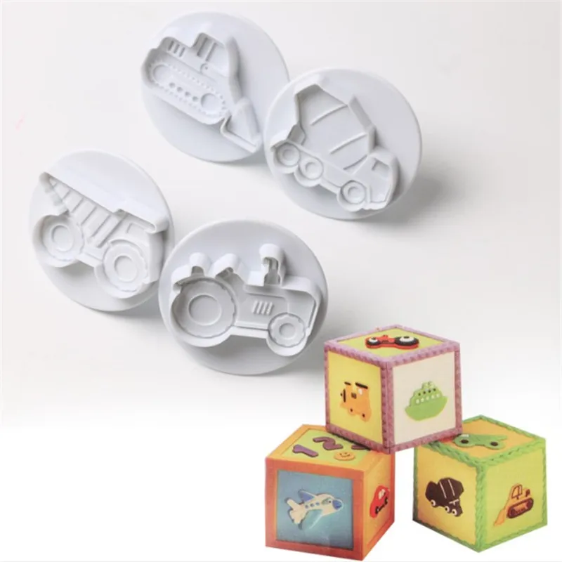 

4Pcs Car Shape Plastic Baking Mold Kitchen Biscuit Cookie Cutter Pastry Plunger Embossing Die Fondant Cake Decorating Tools