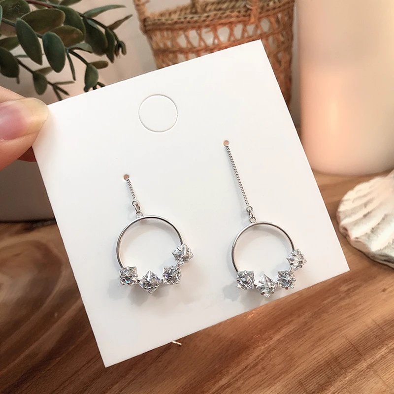 

AOMU 2019 New Hot Fashion 925 Silver Pin Metal Circle Round Zircon Crystal Long Drop Earrings Jewelry for Women Girl Party